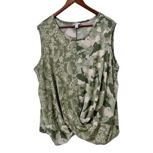 Cato Womens‎ Plus 18/20W Green Paisley Camo Twist Front Sleeveless Knit Top